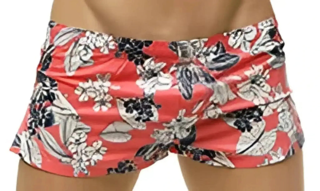 Coral-colored marcuse caleçon boxer underwear swim trunks with bold black and white floral pattern for casual wear