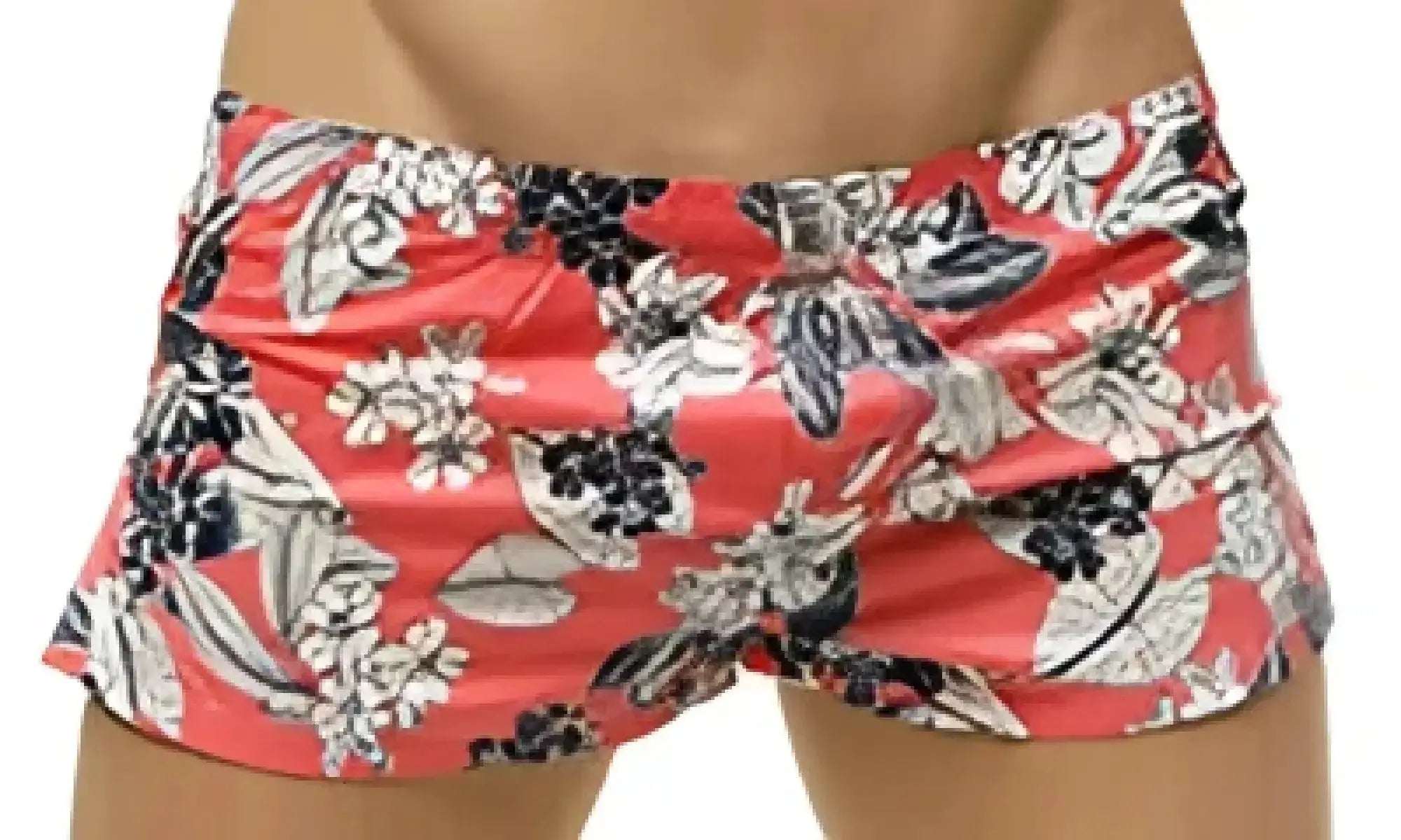 Coral-colored marcuse caleçon boxer underwear swim trunks with bold black and white floral pattern for casual wear
