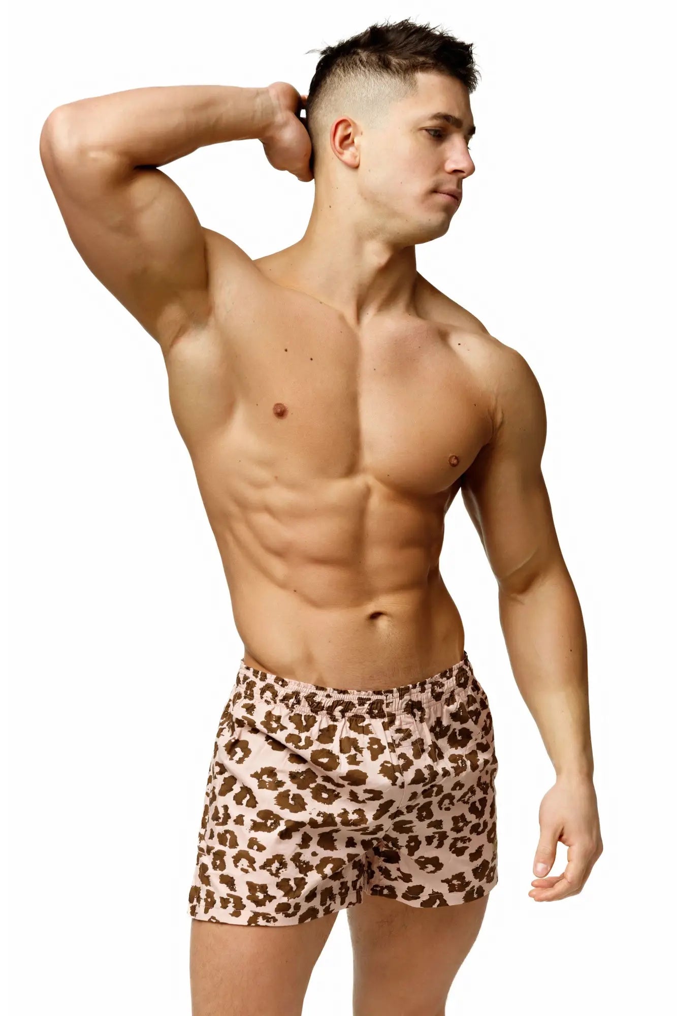 Marcuse caleçon boxer underwear leopard print swim trunks in soft pink and brown pattern for stylish swimwear