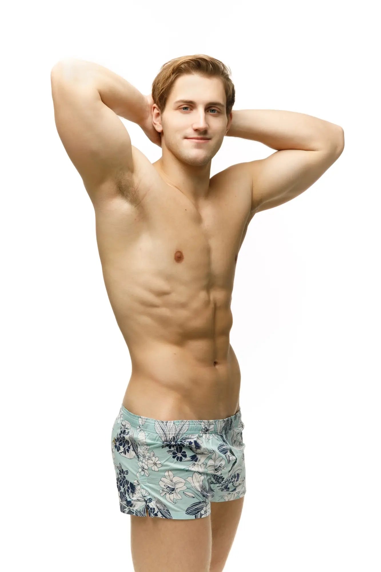Light blue floral-patterned marcuse caleçon boxer underwear made from lightweight swim fabric for swimming use