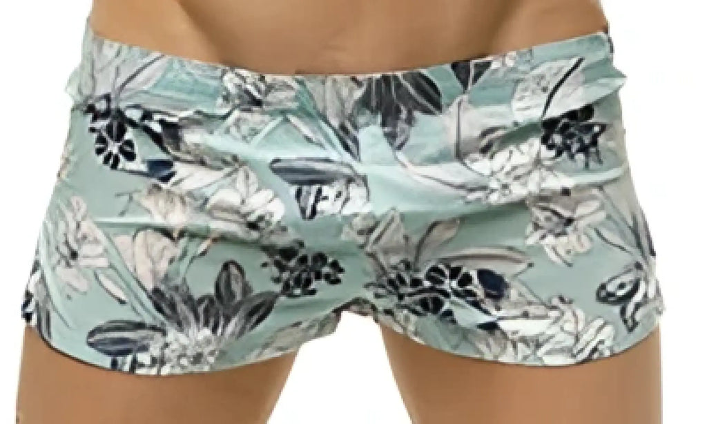 Marcuse caleçon boxer underwear in light blue swim trunks with black and white floral botanical patterns