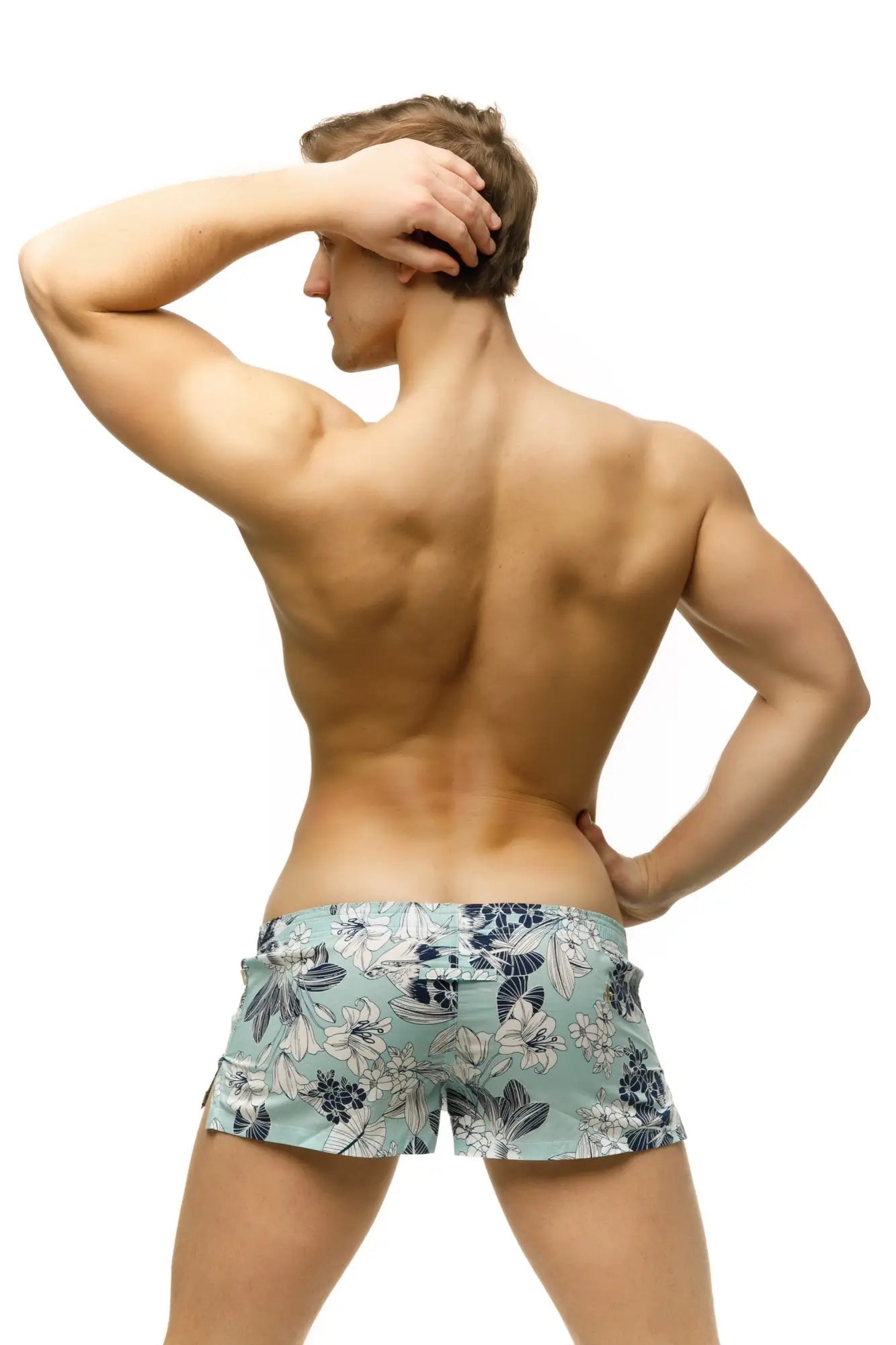 Light blue marcuse caleçon boxer underwear with black and white floral pattern swim trunks design