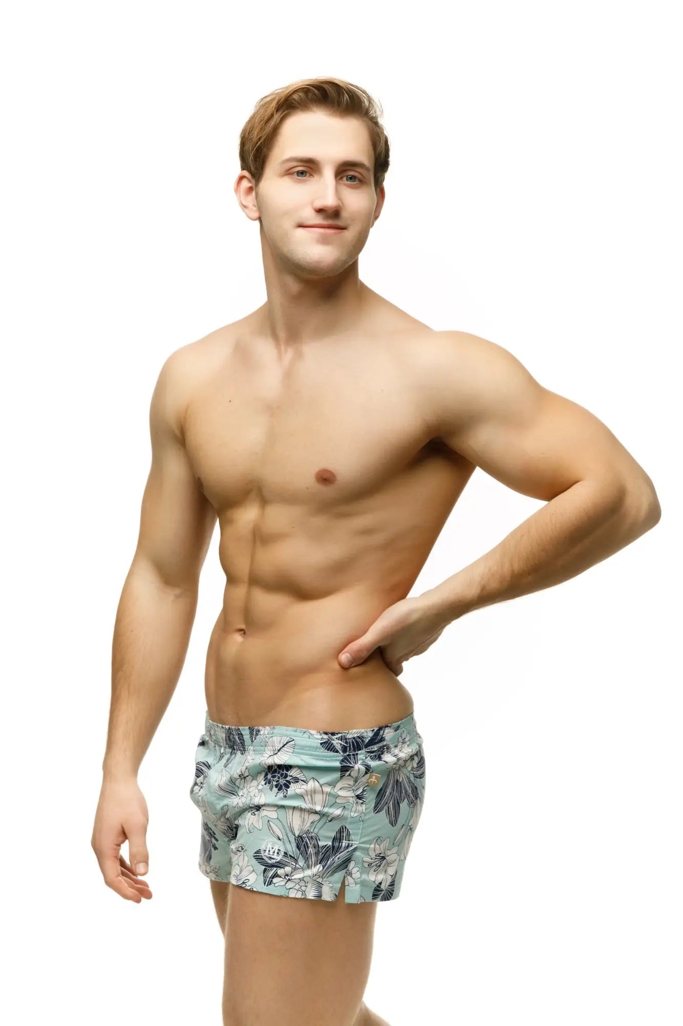 Light blue Marcuse caleçon boxer underwear with tropical floral pattern in dark green and white accents