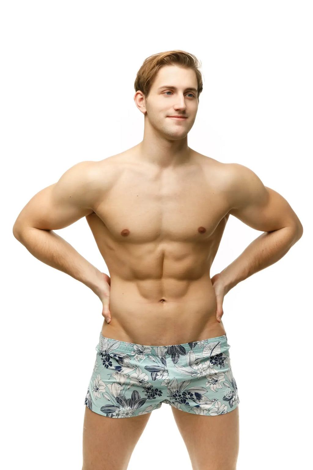 Light blue marcuse caleçon boxer underwear with white and dark green floral pattern made of soft fabric