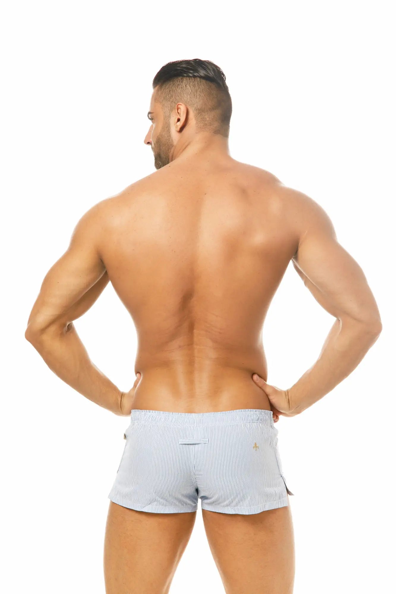 Light blue and white striped marcuse caleçon boxer underwear with subtle textured weave for comfortable wear