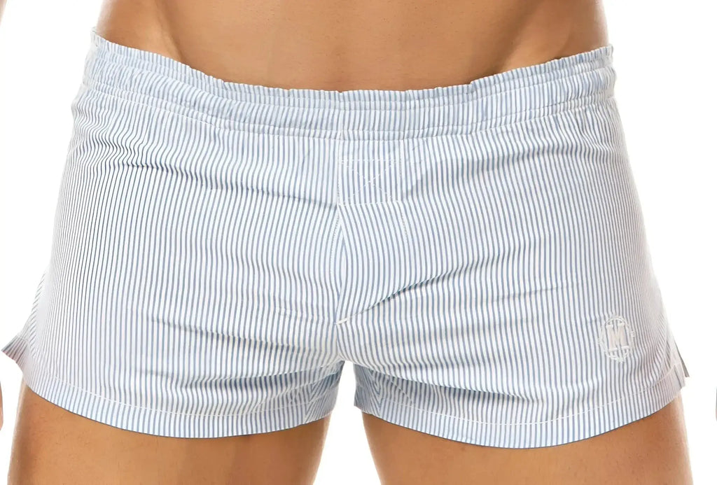 Light blue and white vertically striped cotton marcuse caleçon boxer underwear with small embroidered logo on lower right leg