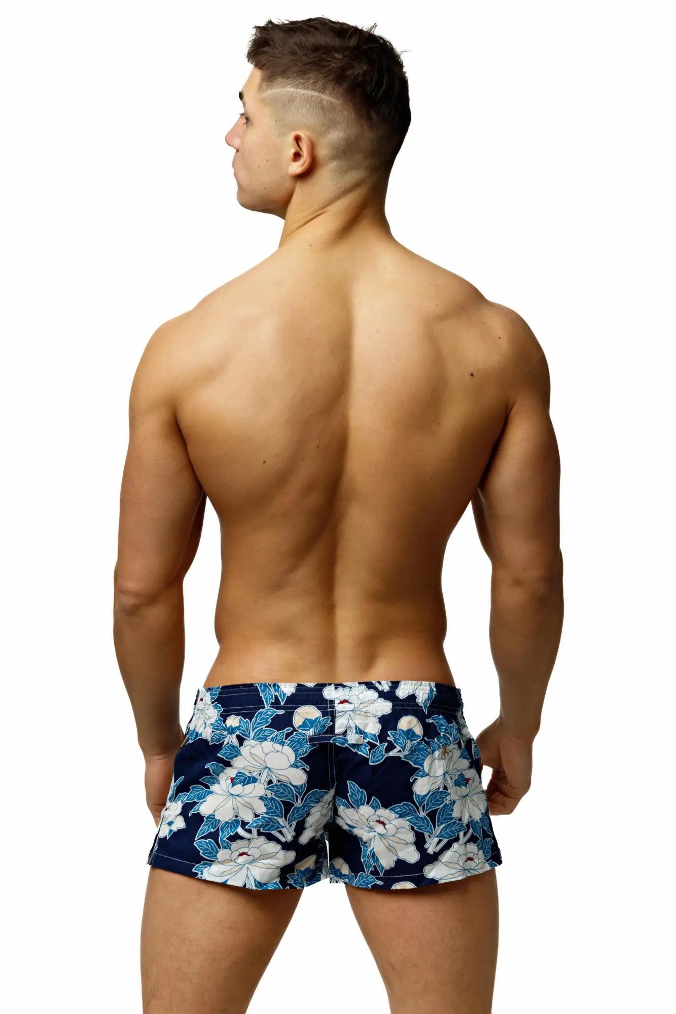 Marcuse caleçon boxer underwear navy blue swim trunks with white and light blue floral pattern front view