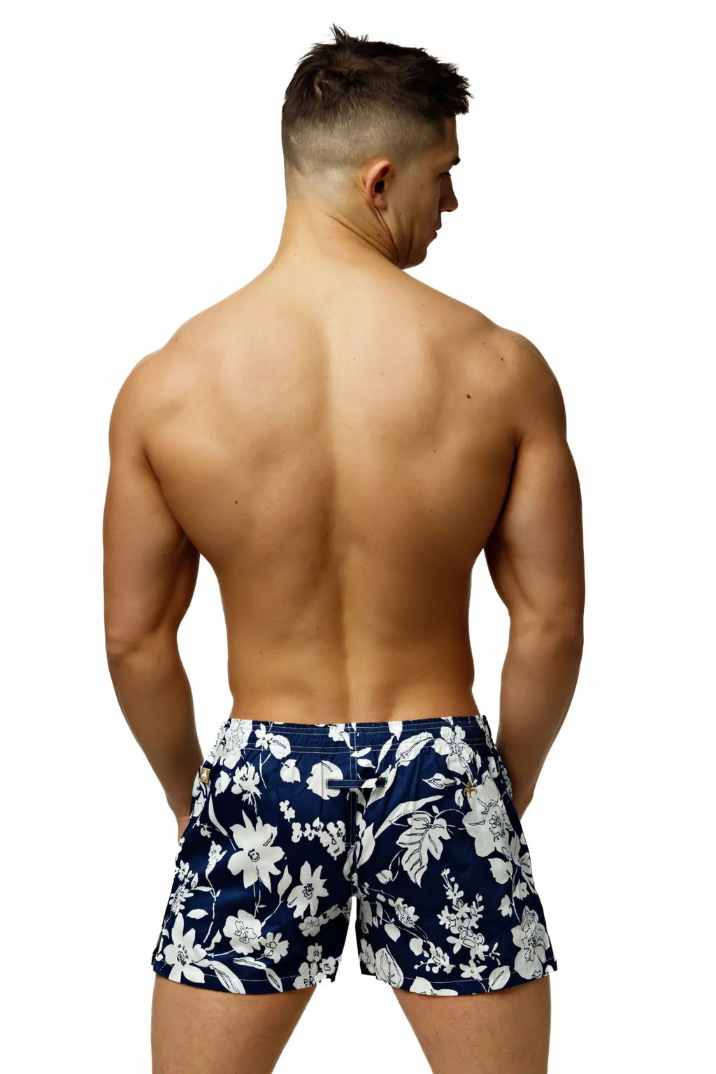 Navy blue marcuse caleçon boxer underwear with white floral pattern designed for comfortable swimwear use