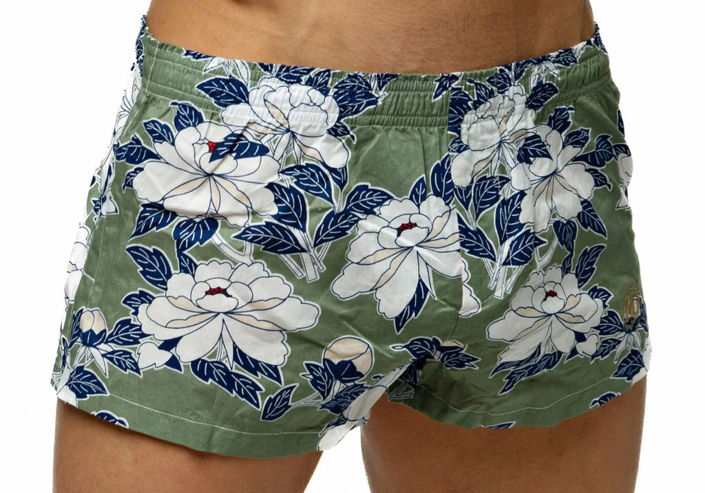Marcuse caleçon boxer underwear in olive green with bold white and navy blue floral pattern and detailed leaf accents