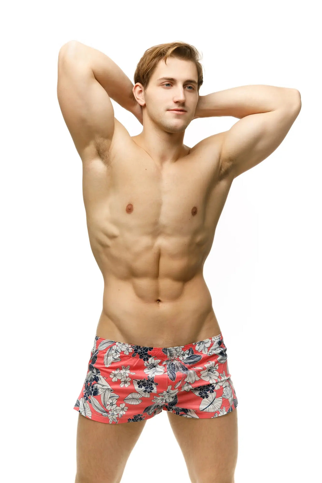 Marcuse caleçon boxer underwear in coral with vibrant floral pattern featuring white and navy blue accents