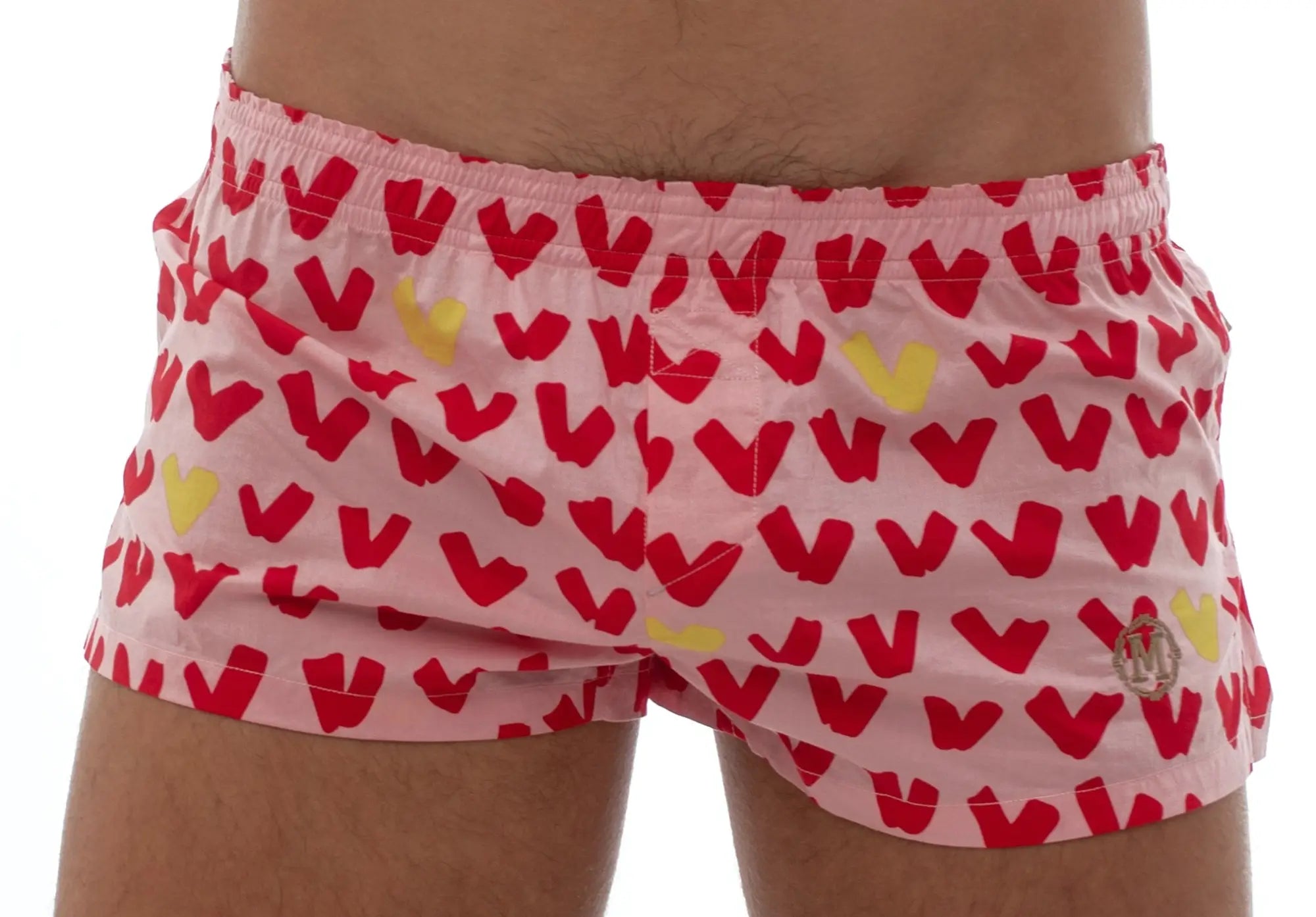 Pink Marcuse caleçon boxer underwear swim trunks with red and yellow heart pattern and elastic waistband