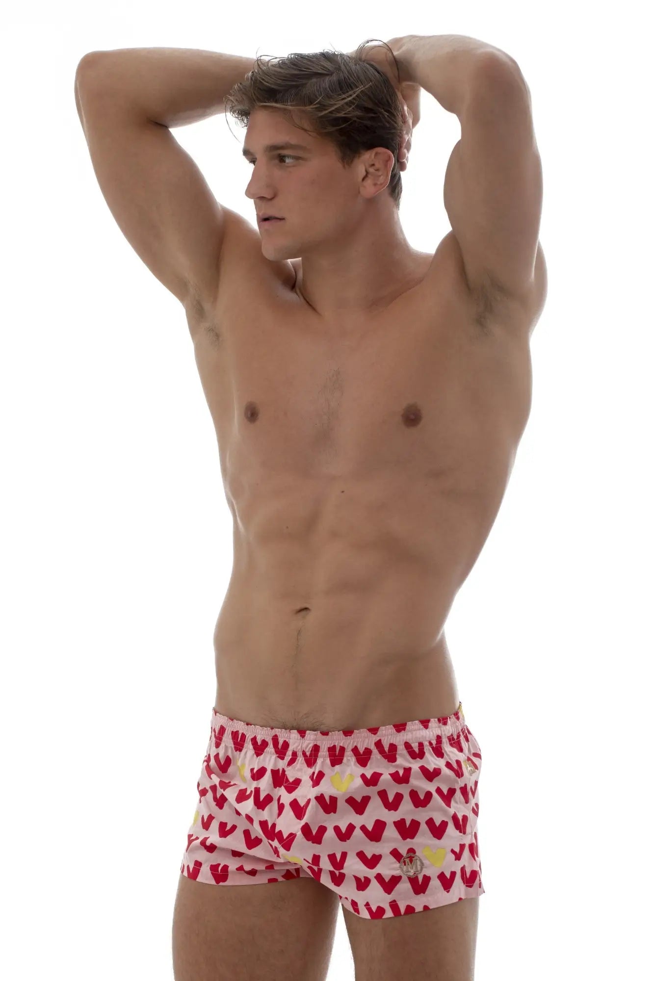 Marcuse caleçon boxer underwear swim trunks in red and yellow with heart patterns for beachwear or swimming