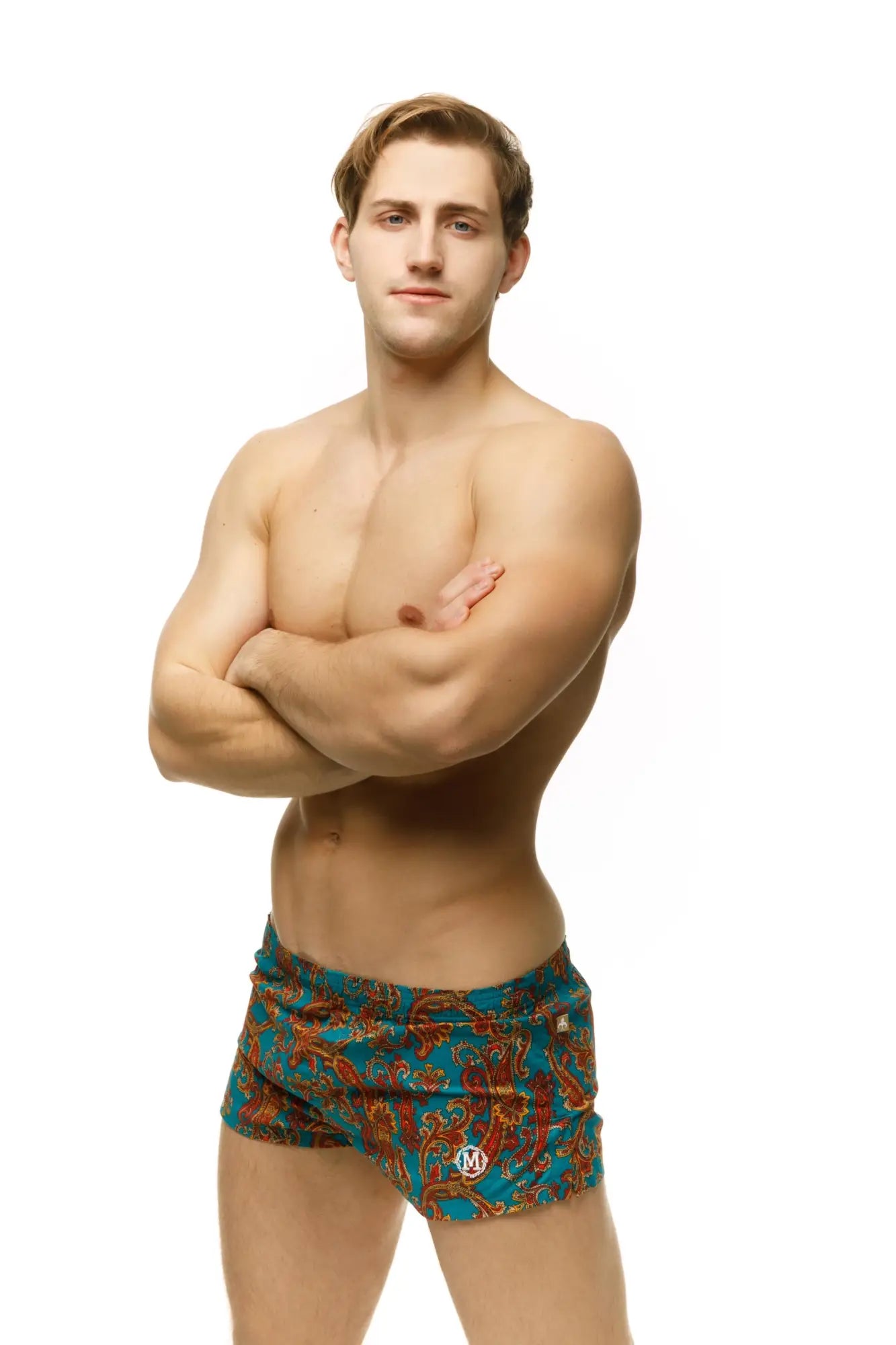 Marcuse caleçon boxer underwear teal and orange paisley-patterned swim trunks with small embroidered logo on front