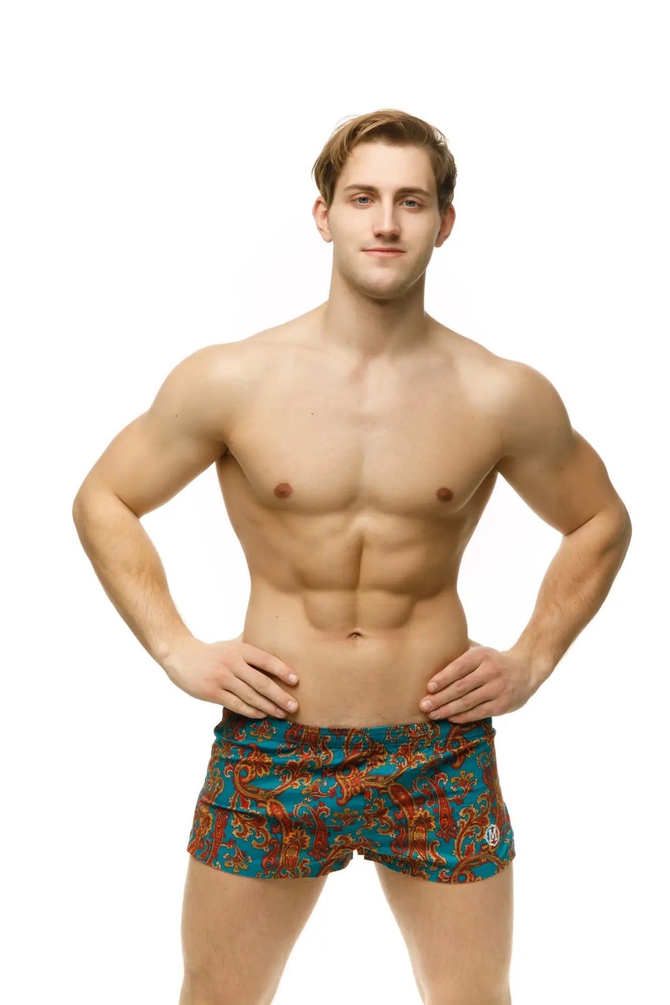 Marcuse caleçon boxer underwear in teal and orange paisley patterned swim trunks for stylish swimwear use