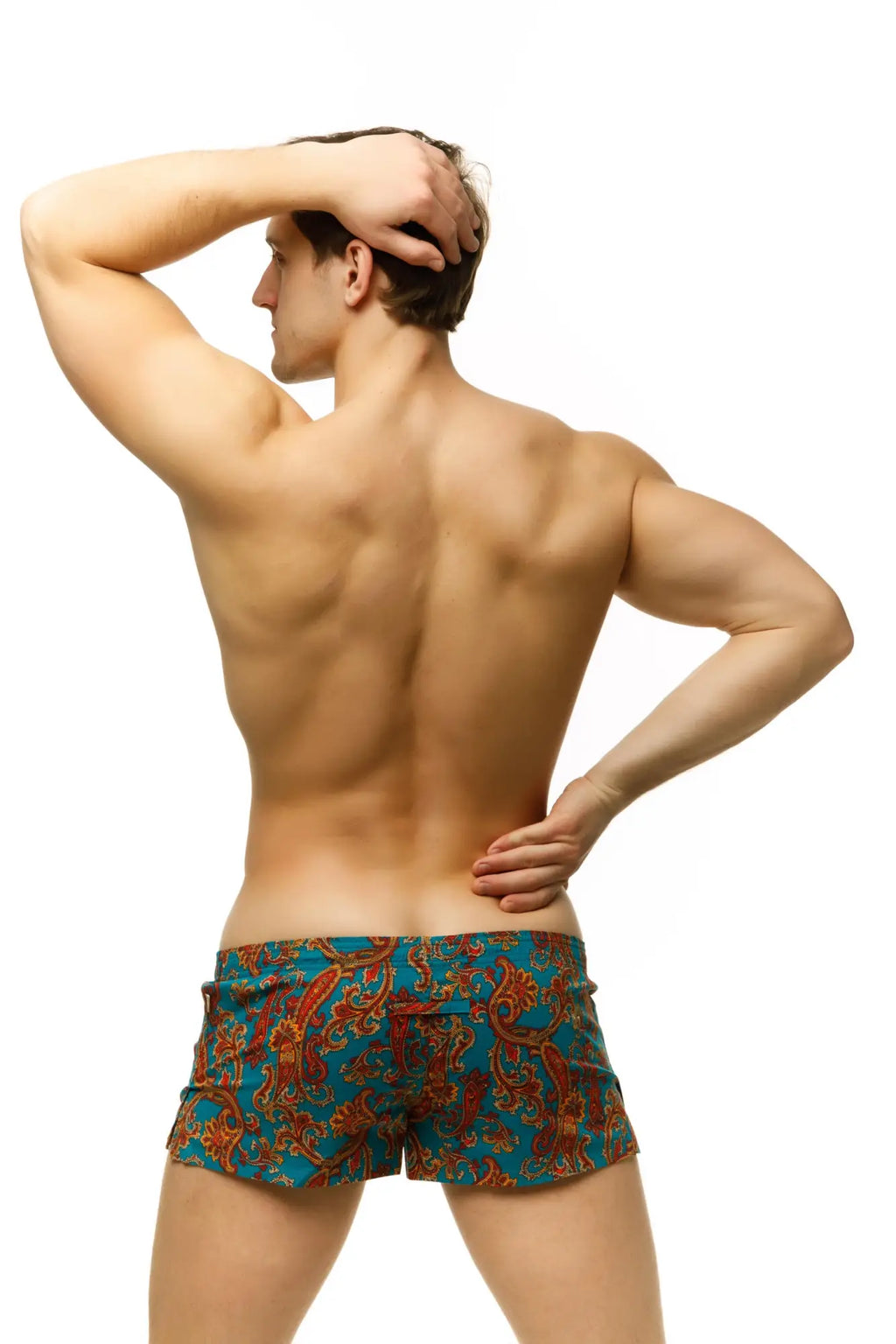 Marcuse caleçon boxer underwear in teal and orange paisley-patterned swim trunks for stylish swimwear use