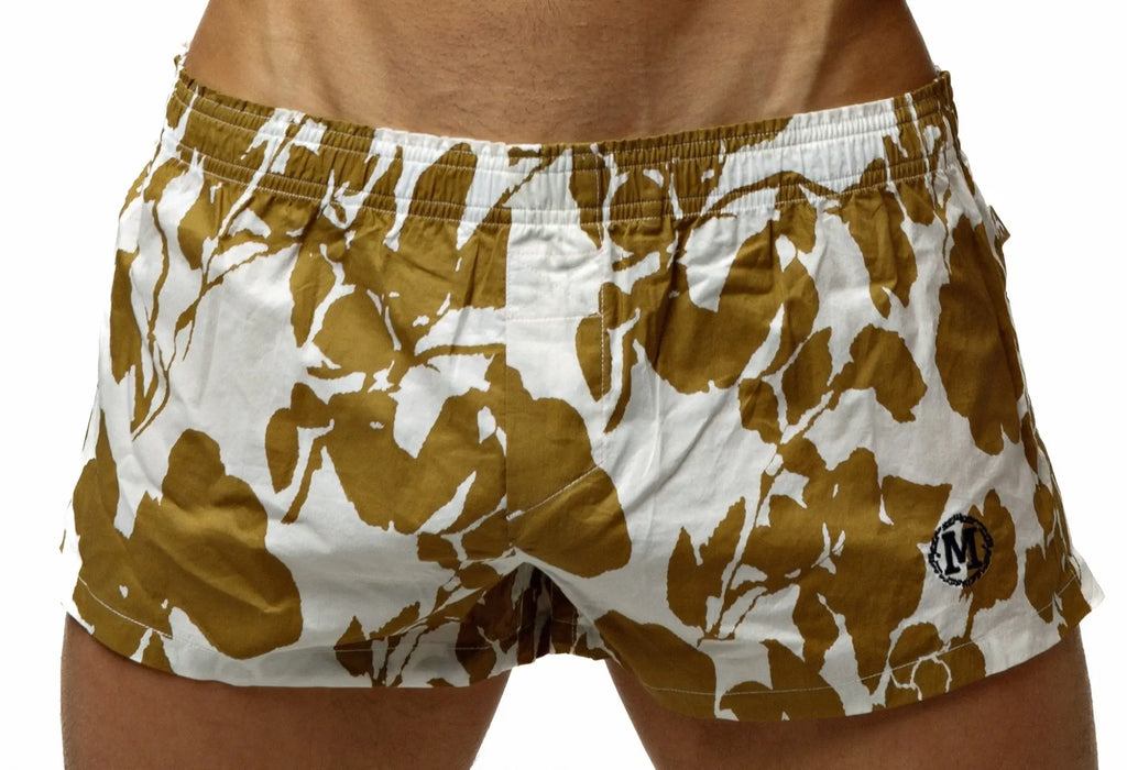 Marcuse Caleçon boxer underwear with white and gold leaf-patterned swim trunks and black embroidered logo on leg