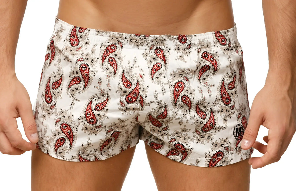 Marcuse Caleçon boxer underwear white men’s shorts with bold red and black paisley pattern and small logo on lower right leg