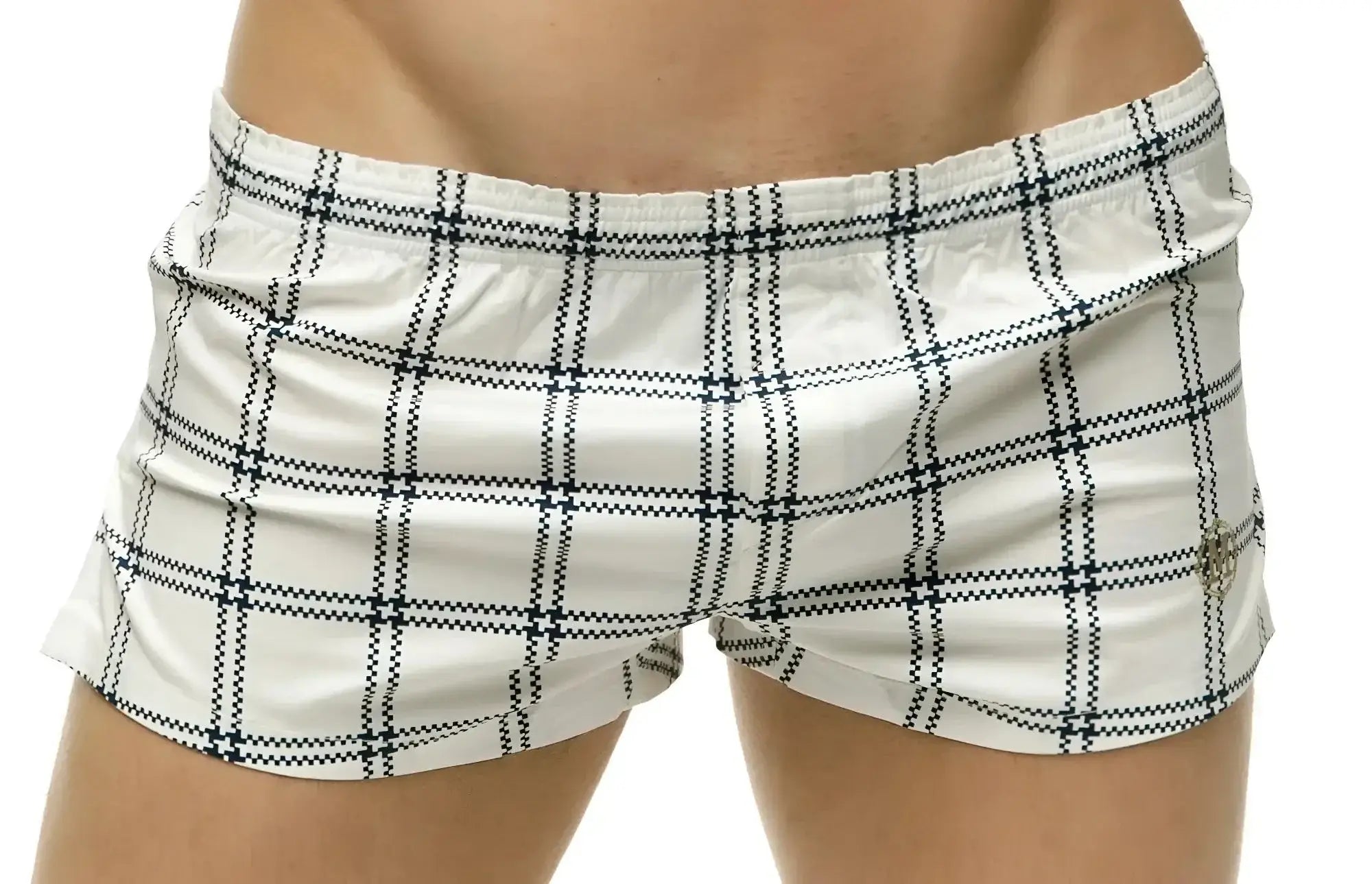 Marcuse caleçon boxer underwear in white plaid swim trunks with black checkered pattern and elastic waistband