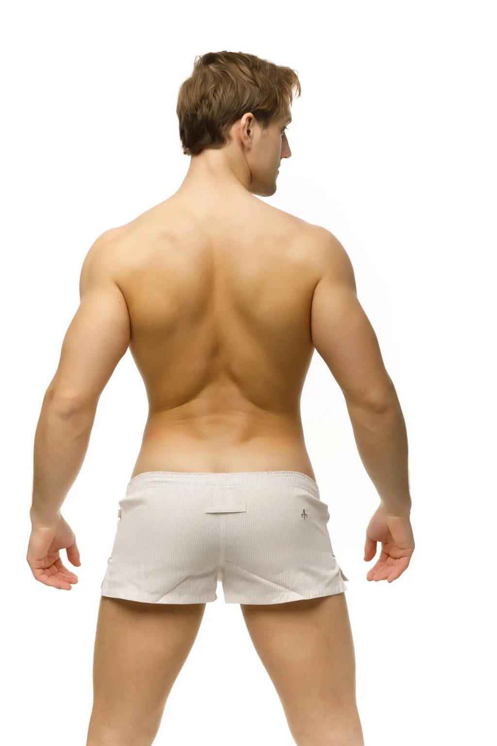 Back side of white striped men’s Marcuse Caleçon boxer underwear shorts with small logo on the back pocket