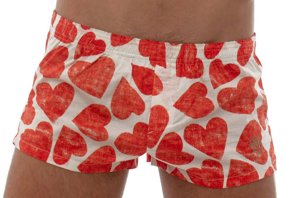 White marcuse caleçon boxer underwear swim trunks with vibrant red heart pattern for casual beachwear