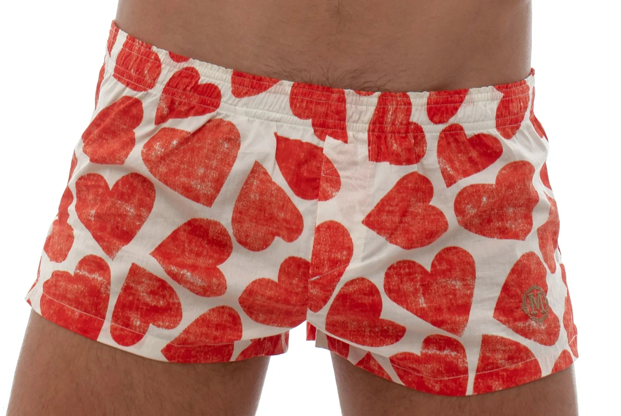 White marcuse caleçon boxer underwear swim trunks with vibrant red heart pattern for casual beachwear