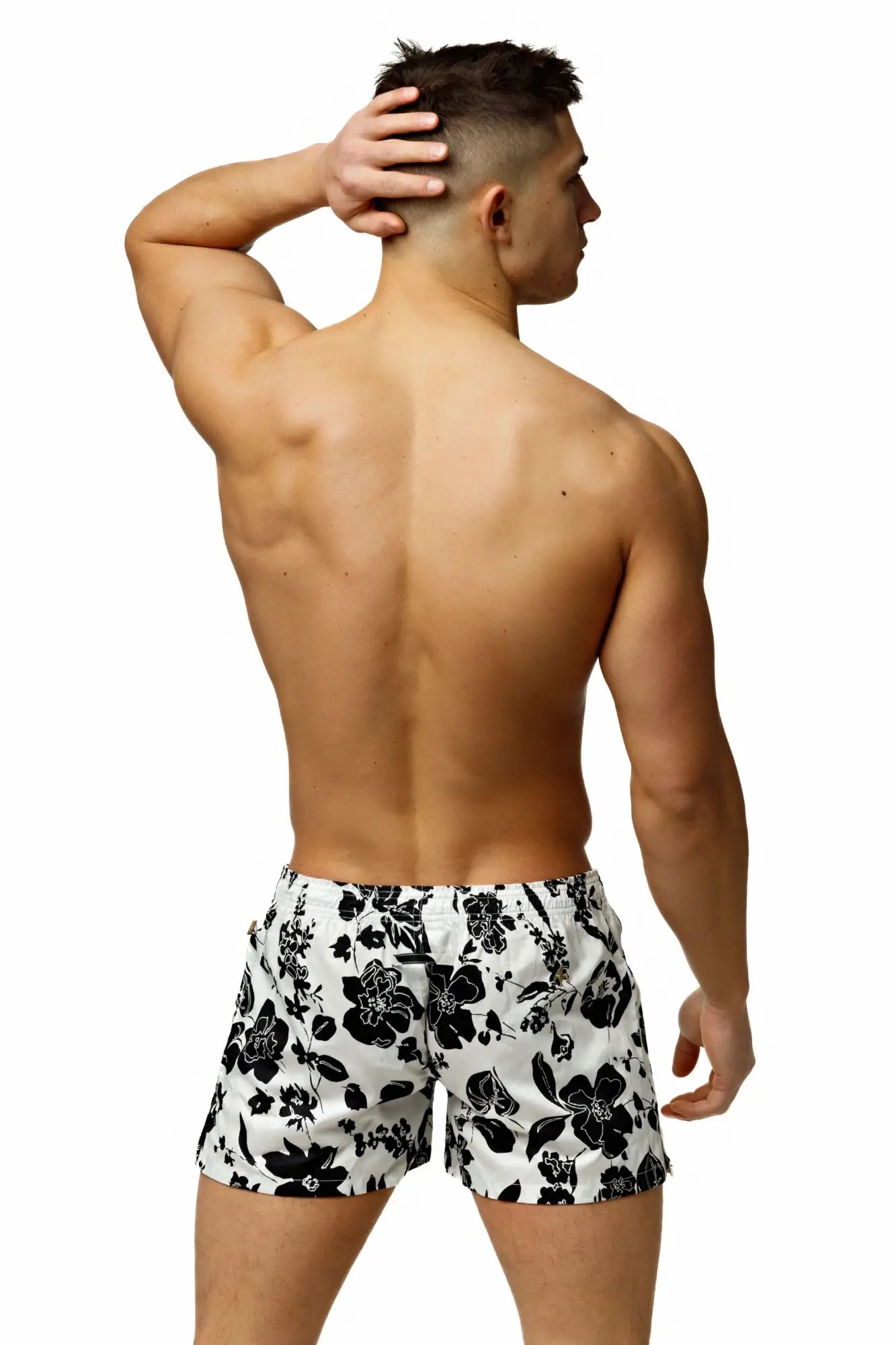 Marcuse Caleçon+ boxer underwear featuring white swim trunks with a bold black floral pattern