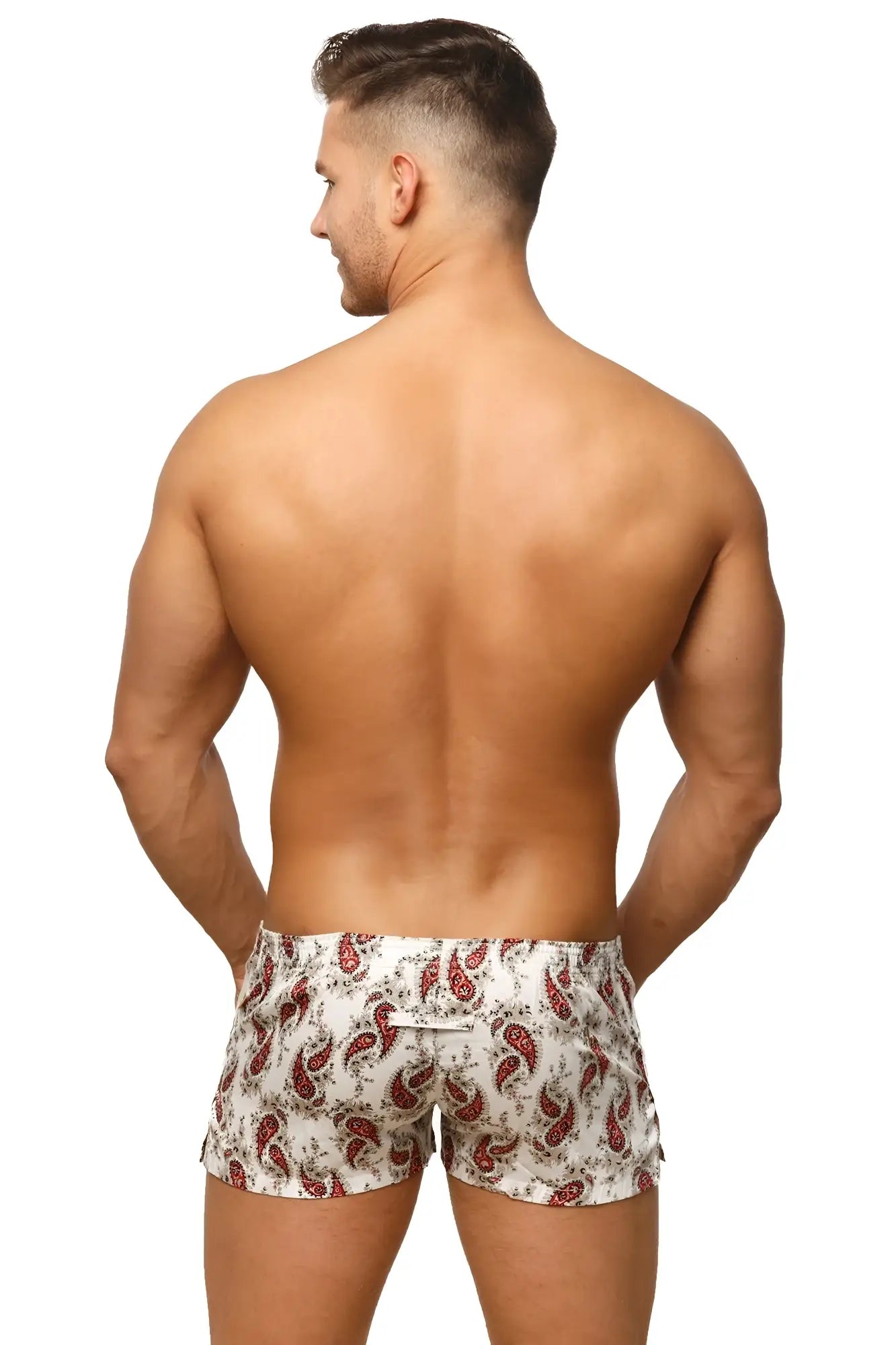 White Marcuse Caleçon boxer underwear with bold red and black paisley pattern swim trunks design