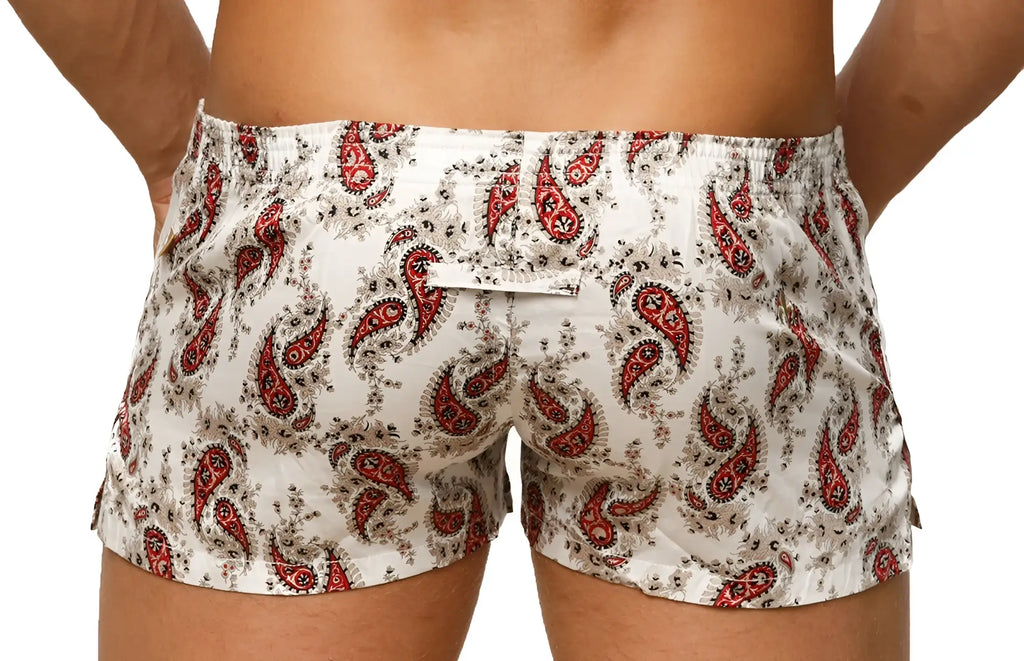 Marcuse Caleçon boxer underwear in white swim trunks with bold red and black paisley pattern for stylish comfort