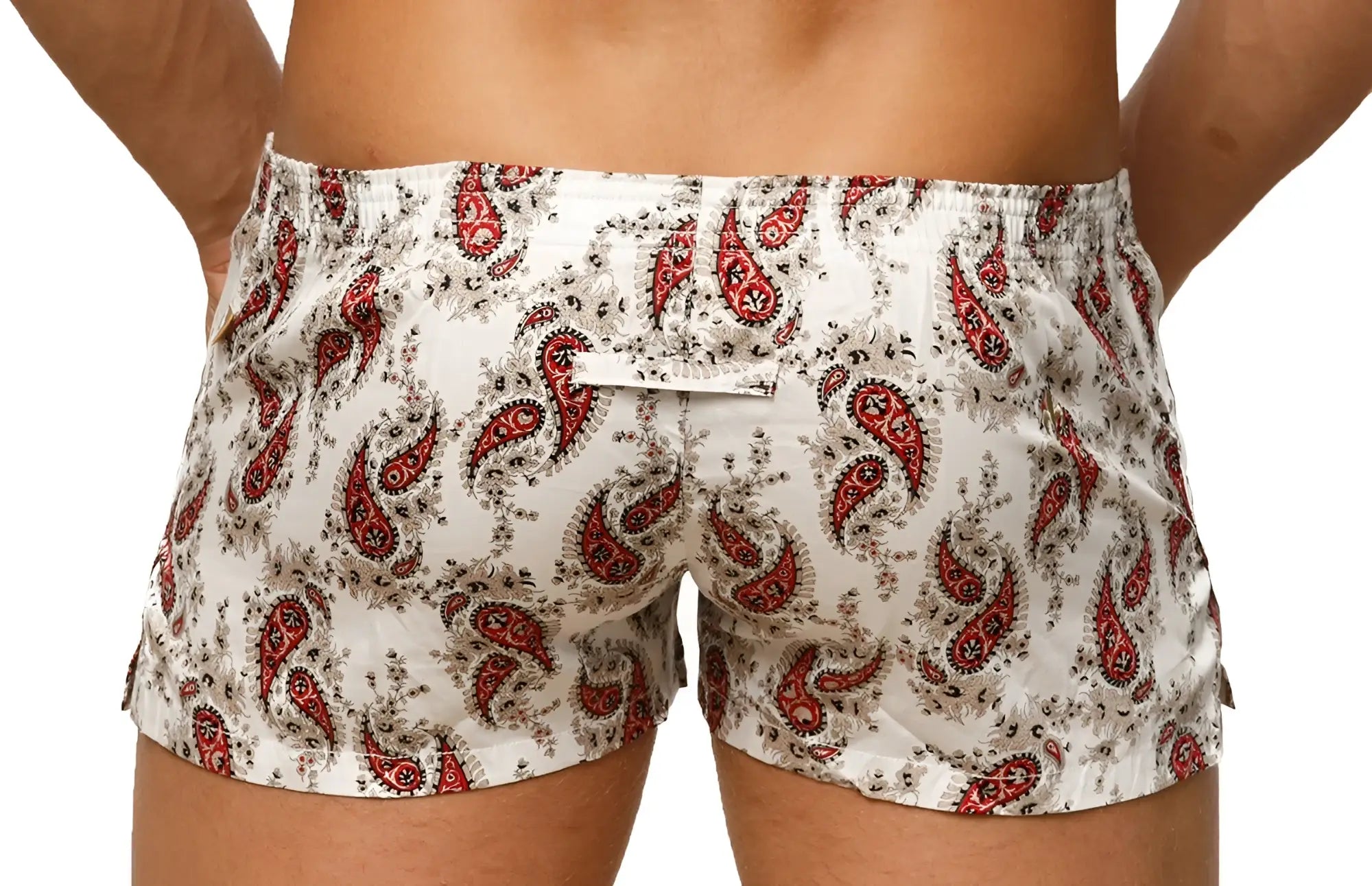 Marcuse Caleçon boxer underwear in white swim trunks with bold red and black paisley pattern for stylish comfort
