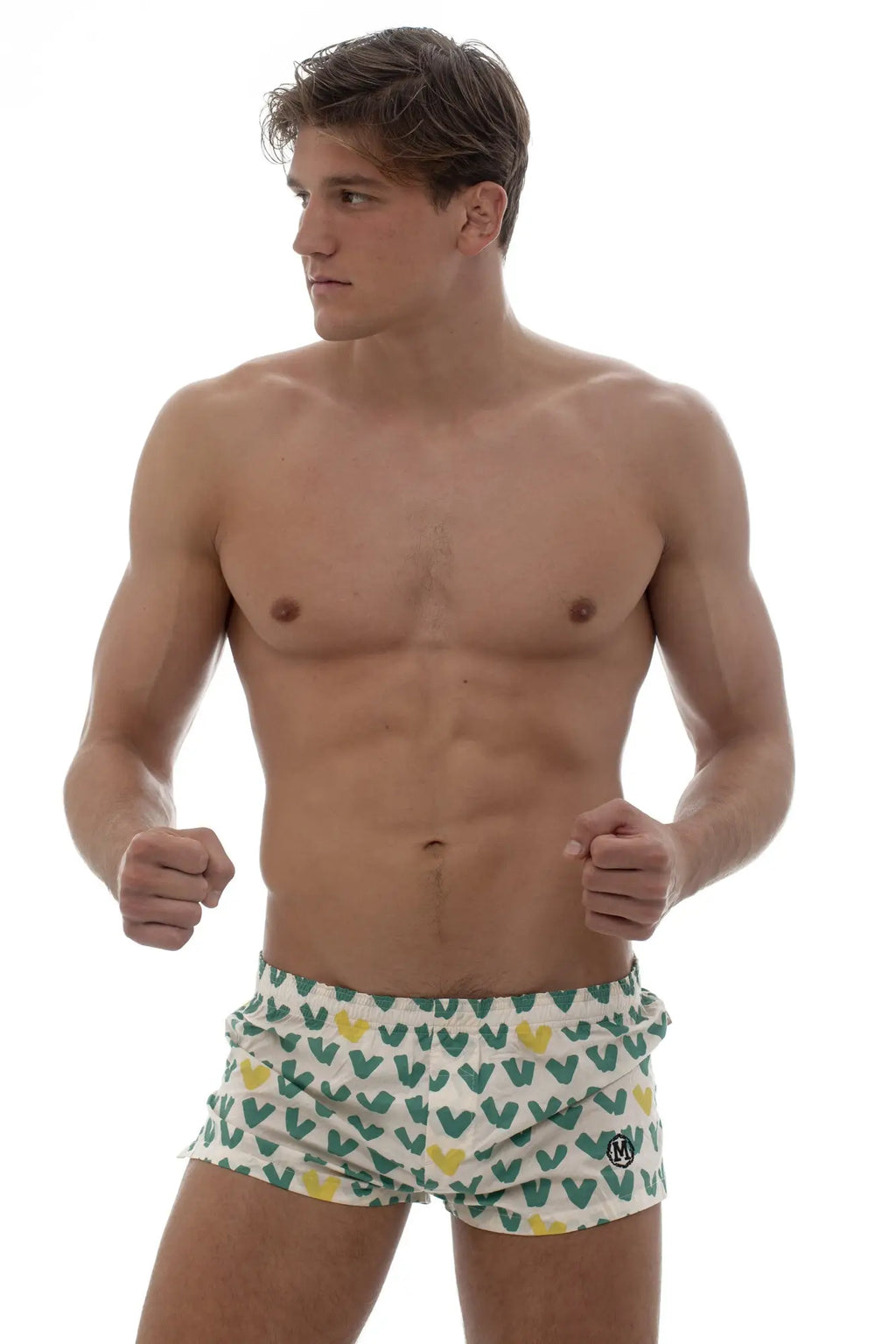 White marcuse caleçon boxer underwear with green and yellow heart pattern and small black logo on lower right leg