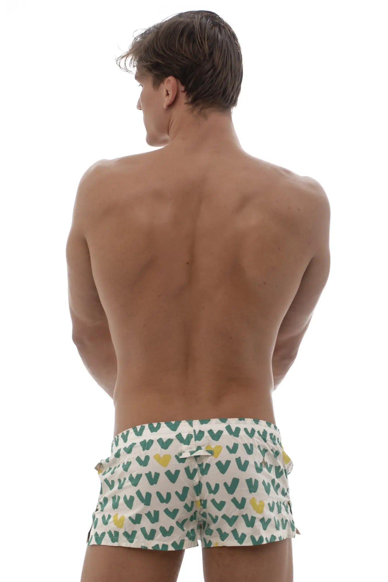 White marcuse caleçon boxer underwear with green and yellow heart pattern perfect for swimwear or casual wear