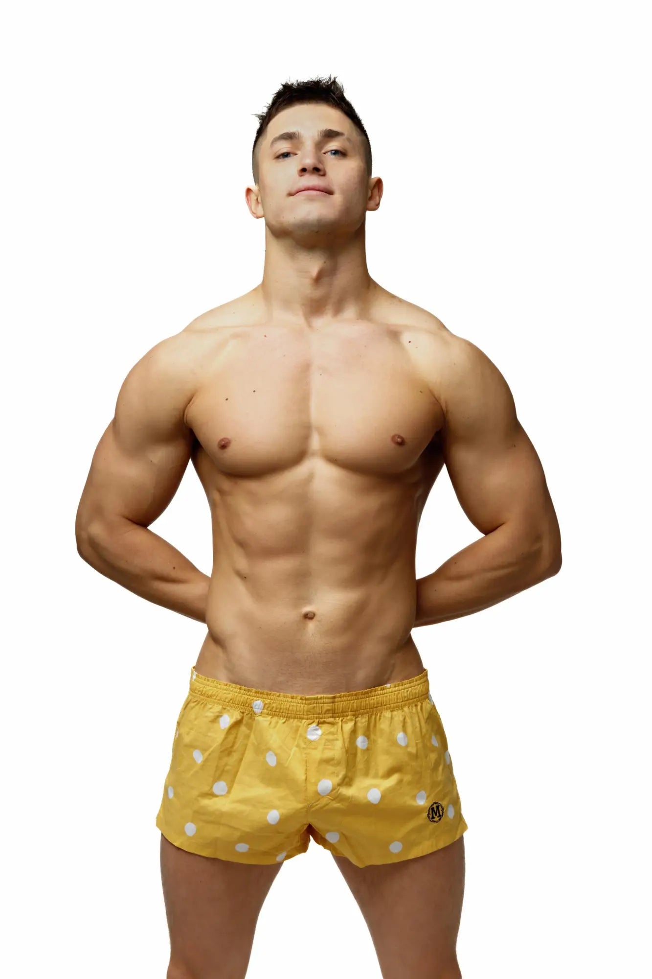 Yellow polka-dot Marcuse caleçon boxer underwear with elastic waistband and small logo on lower right leg