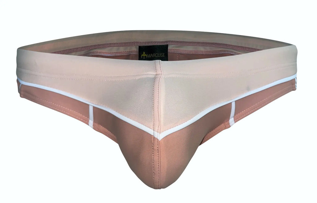 Beige and tan two-tone marcuse calibre bikini swimwear briefs with white stitching accents for men