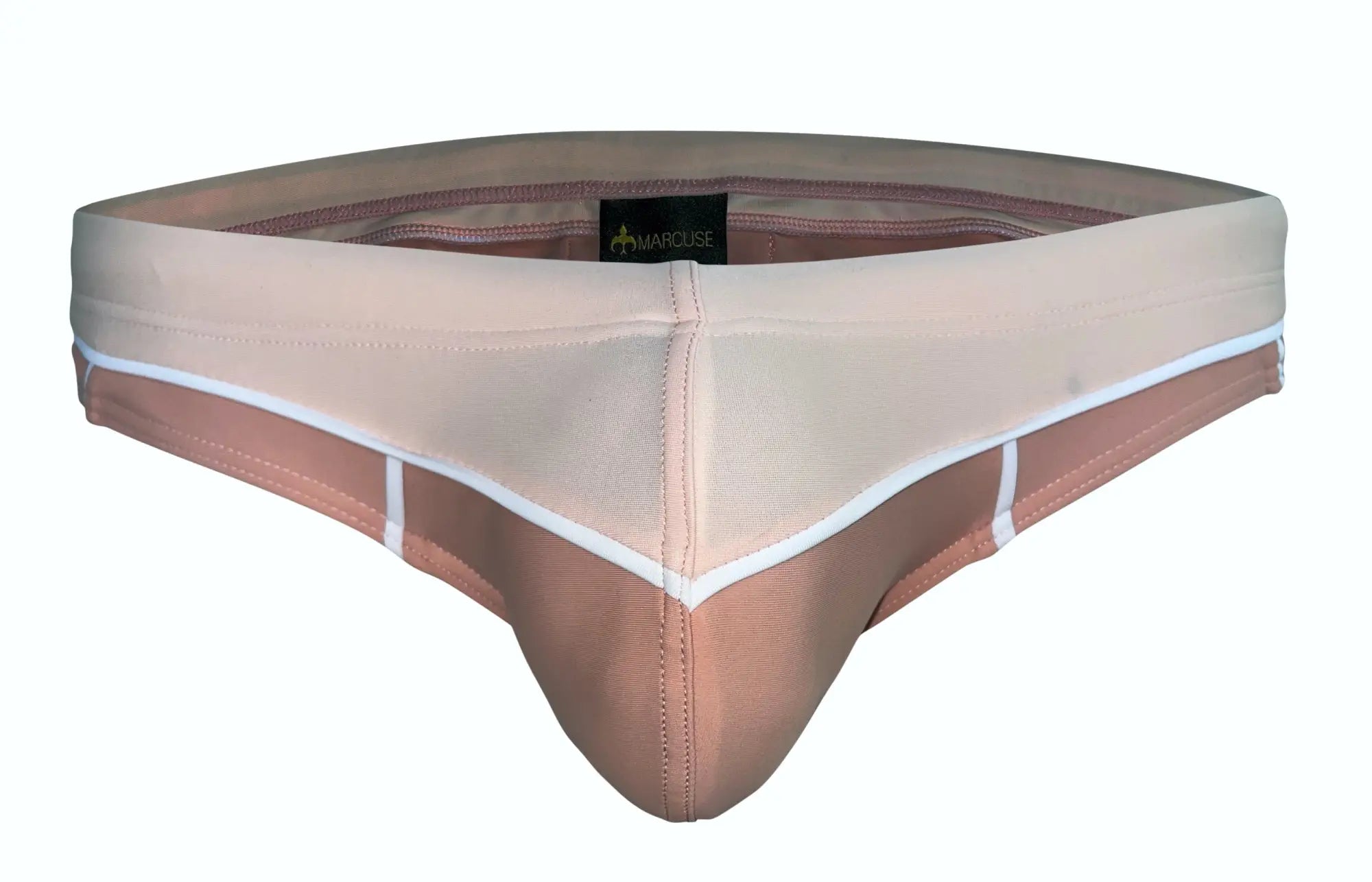 Beige and tan two-tone marcuse calibre bikini swimwear briefs with white stitching accents for men