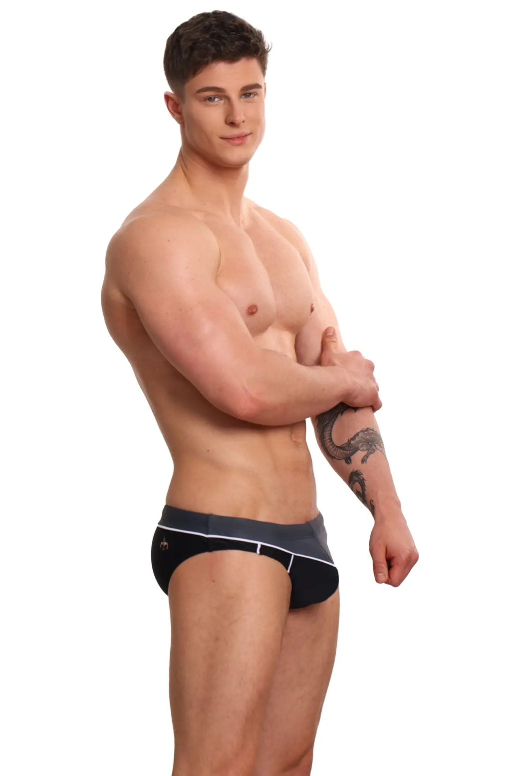 Marcuse calibre bikini swimwear black briefs with gray waistband and white piping details front view