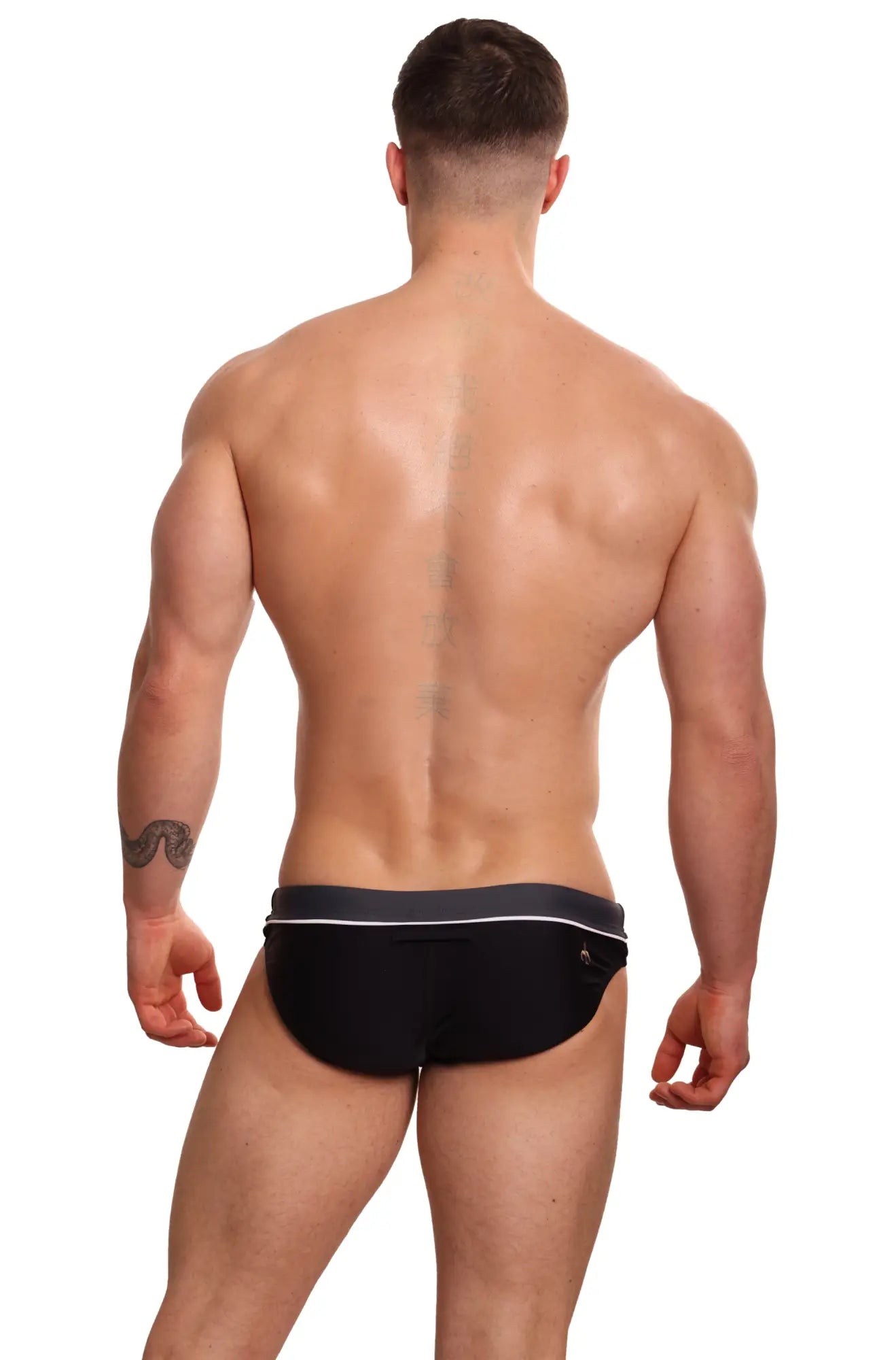 Black marcuse calibre bikini swimwear swim trunks with gray waistband and white trim for swimming and beachwear