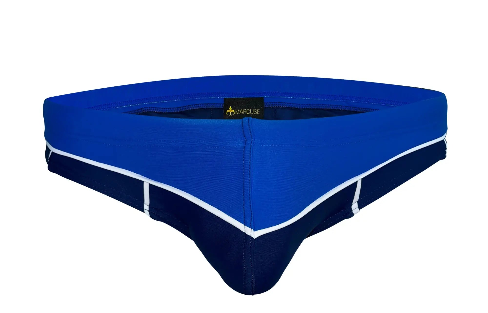 Blue and navy blue marcuse calibre bikini swimwear trunks with white trim and marcuse brand label for swimming use