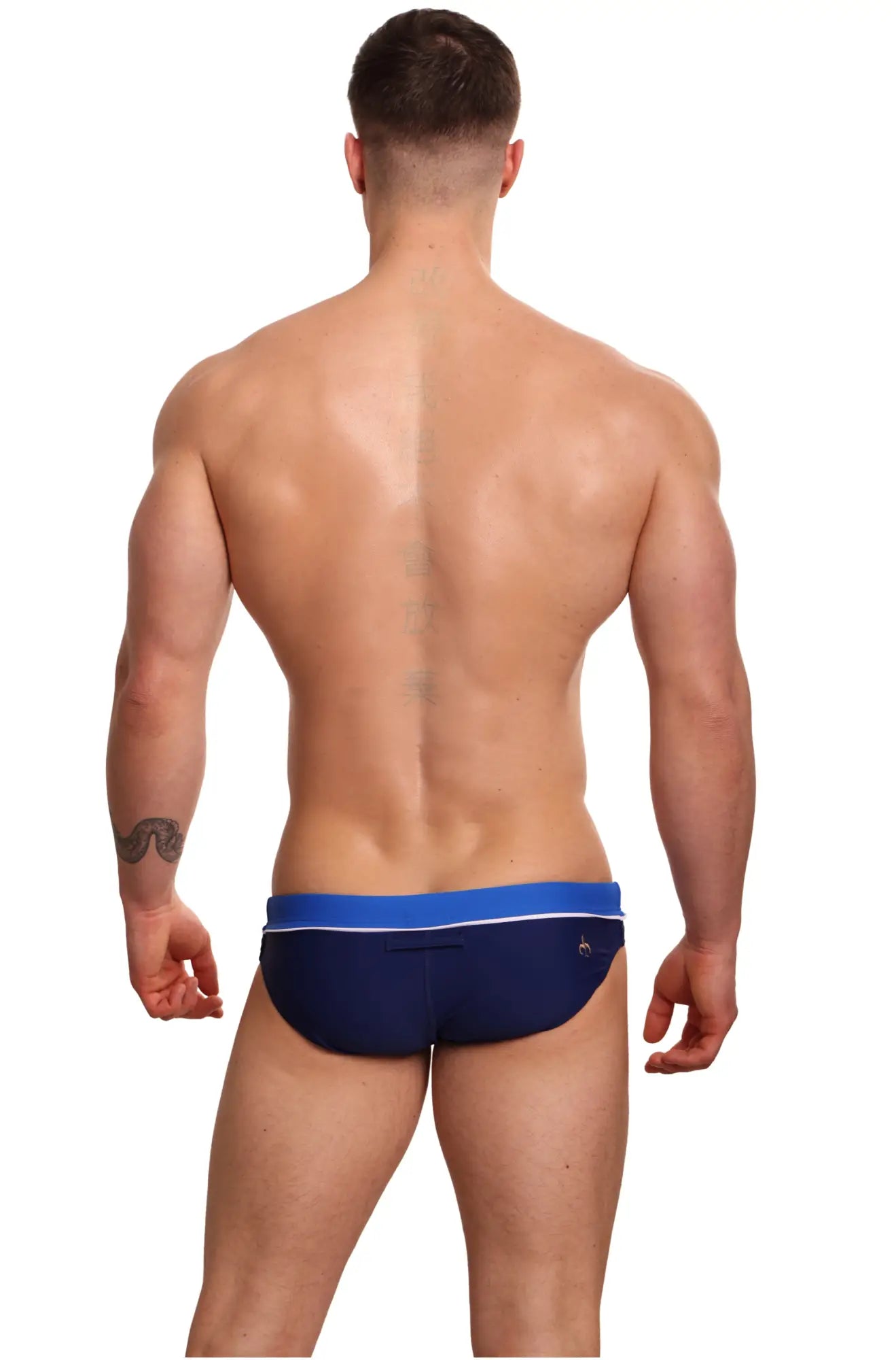 Marcuse Calibre bikini swimwear navy blue swim trunks with bright blue waistband and white trim front view