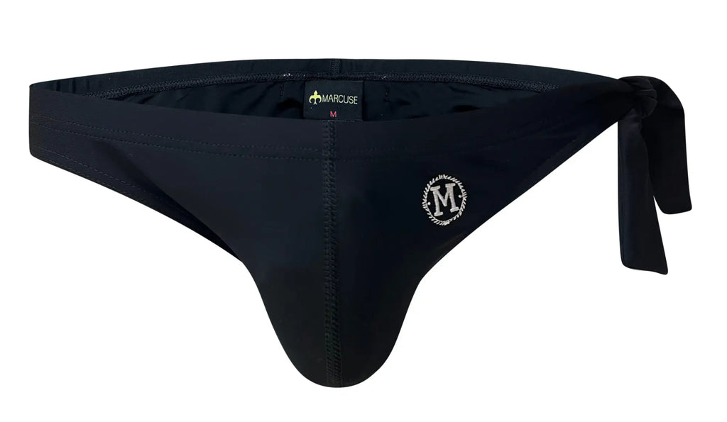Black marcuse men’s tie-side briefs with white embroidered logo designed as caribbean bikini swimwear
