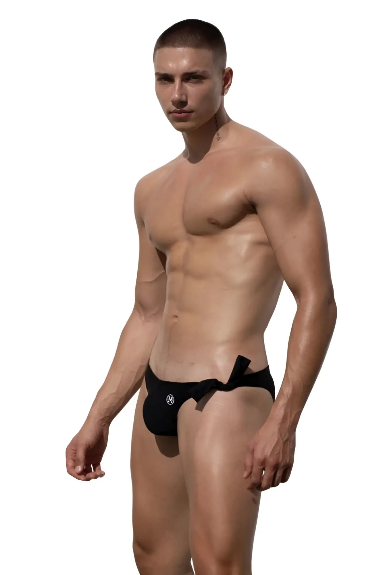 Black marcuse caribbean bikini swimwear trunks with bow tie waist and small circular logo on front