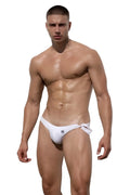 White men’s Marcuse Caribbean bikini swimwear trunks with a small logo and tied side details for beachwear