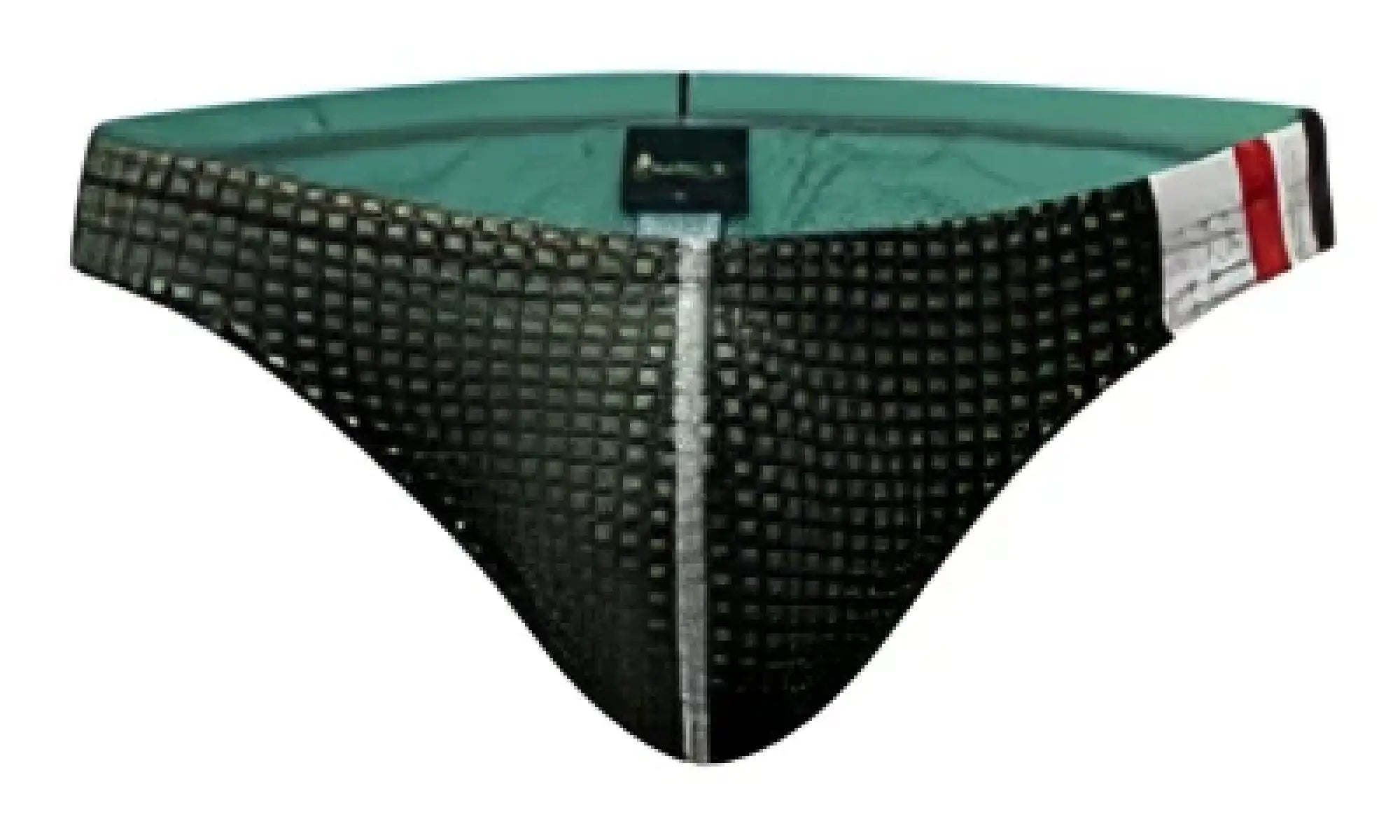 Marcuse Cosmo bikini swimwear black mesh briefs with white dot pattern and teal inner lining front view