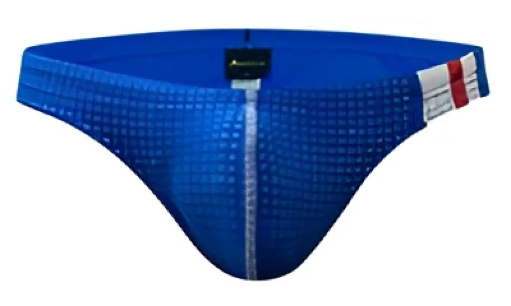 Blue mesh Marcuse Cosmo bikini swimwear briefs with red white and blue striped side band for swim and beachwear