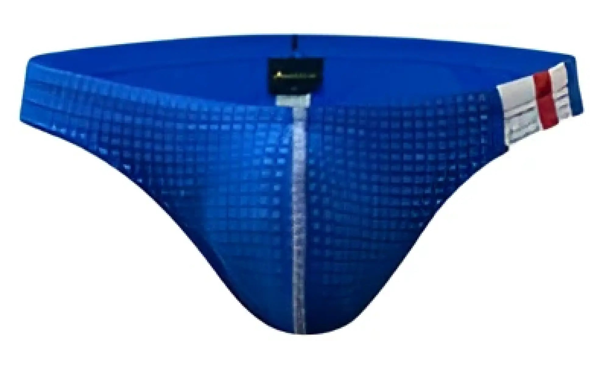 Blue mesh Marcuse Cosmo bikini swimwear briefs with red white and blue striped side band for swim and beachwear