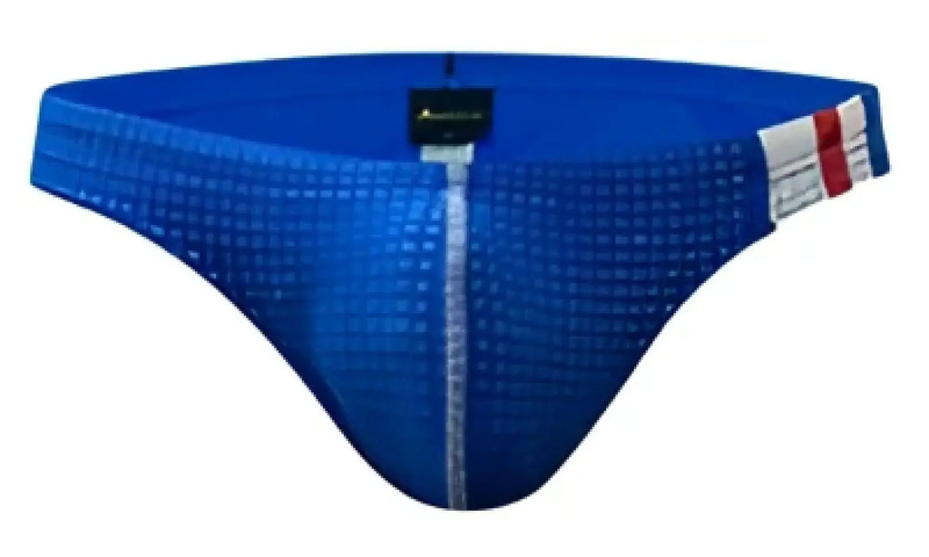 Blue mesh Marcuse Cosmo bikini swimwear briefs with red white and blue striped side band for swim and beachwear