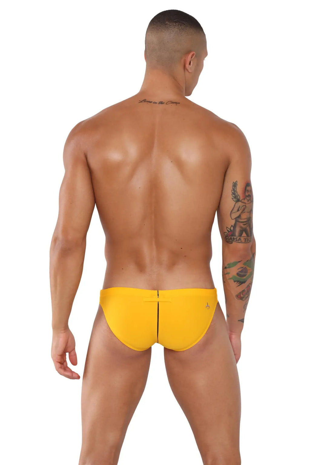 Bright yellow marcuse cosmo bikini swimwear trunks with sleek minimalist design and small side logo