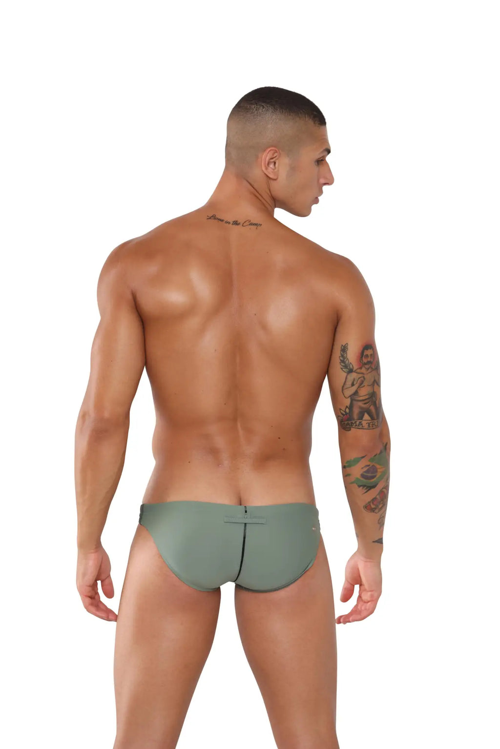 Olive green marcuse cosmo bikini swimwear briefs with central seam and tailored fit for swim and beachwear