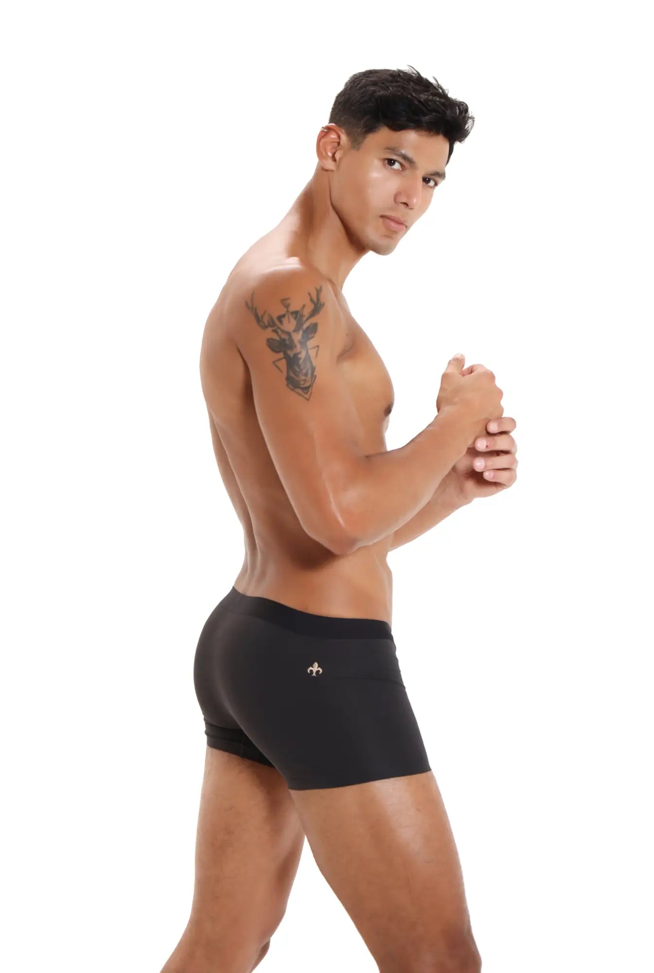 Black marcuse dandy boxer underwear briefs with gold logo on waistband made from soft breathable fabric