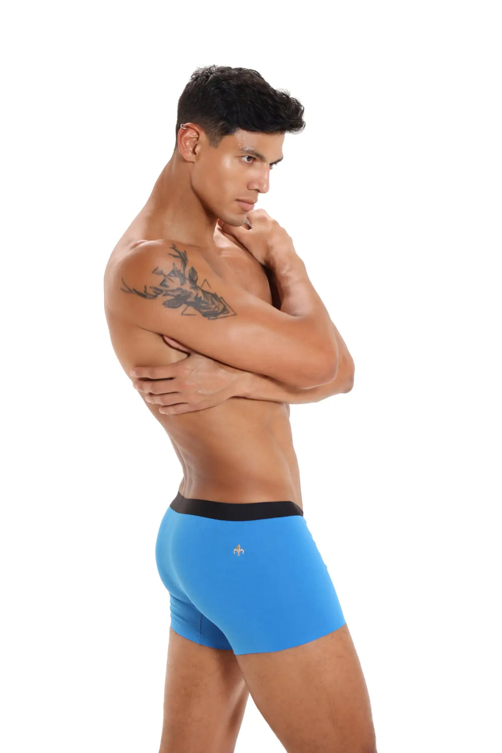 Marcuse dandy boxer underwear featuring blue men’s boxer briefs with black waistband and small silver logo on front