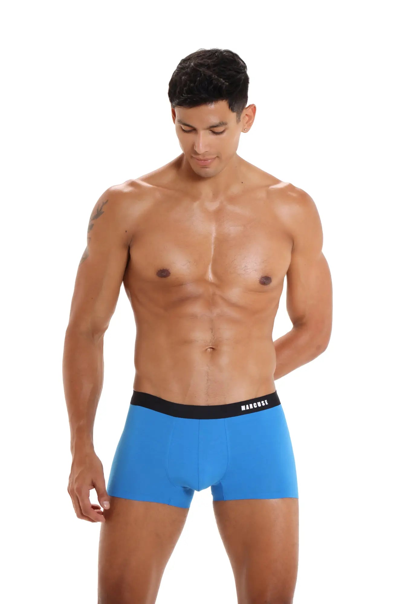 Bright blue marcuse dandy boxer underwear with black waistband featuring margot brand name in white lettering